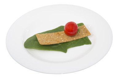 domates, kızarmış ekmek parçaları ve bir tabak içinde yaprak, yalıtılmış