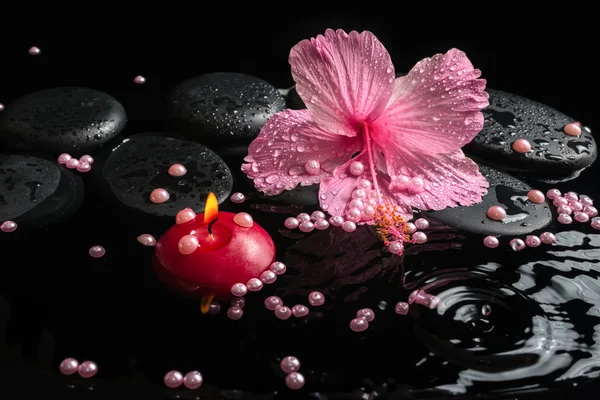 Beautiful spa setting of delicate pink hibiscus, zen stones with
