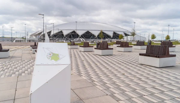 Samara, Rusya - 21 Eylül 2020: Solidarnost Arena planı ve geçitler hakkında bilgi imzalayın. Stadyum 2018 yılında Dünya Kupası maçlarına ev sahipliği yaptı..