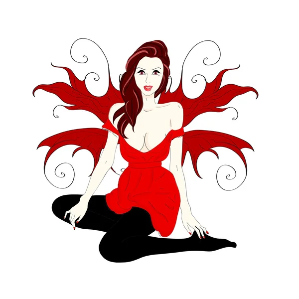 Angel en un vestido rojo con medias negras — Vector de stock