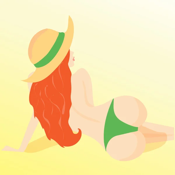 Illustration d'une femme portant un maillot de bain à rayures à la plage — Image vectorielle