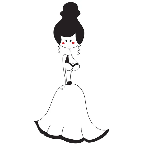 Un boceto de chica está en un hermoso vestido largo de noche — Vector de stock