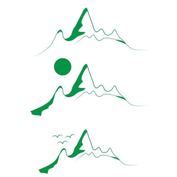 Una serie di emblemi verdi montagne con albero — Vettoriale Stock