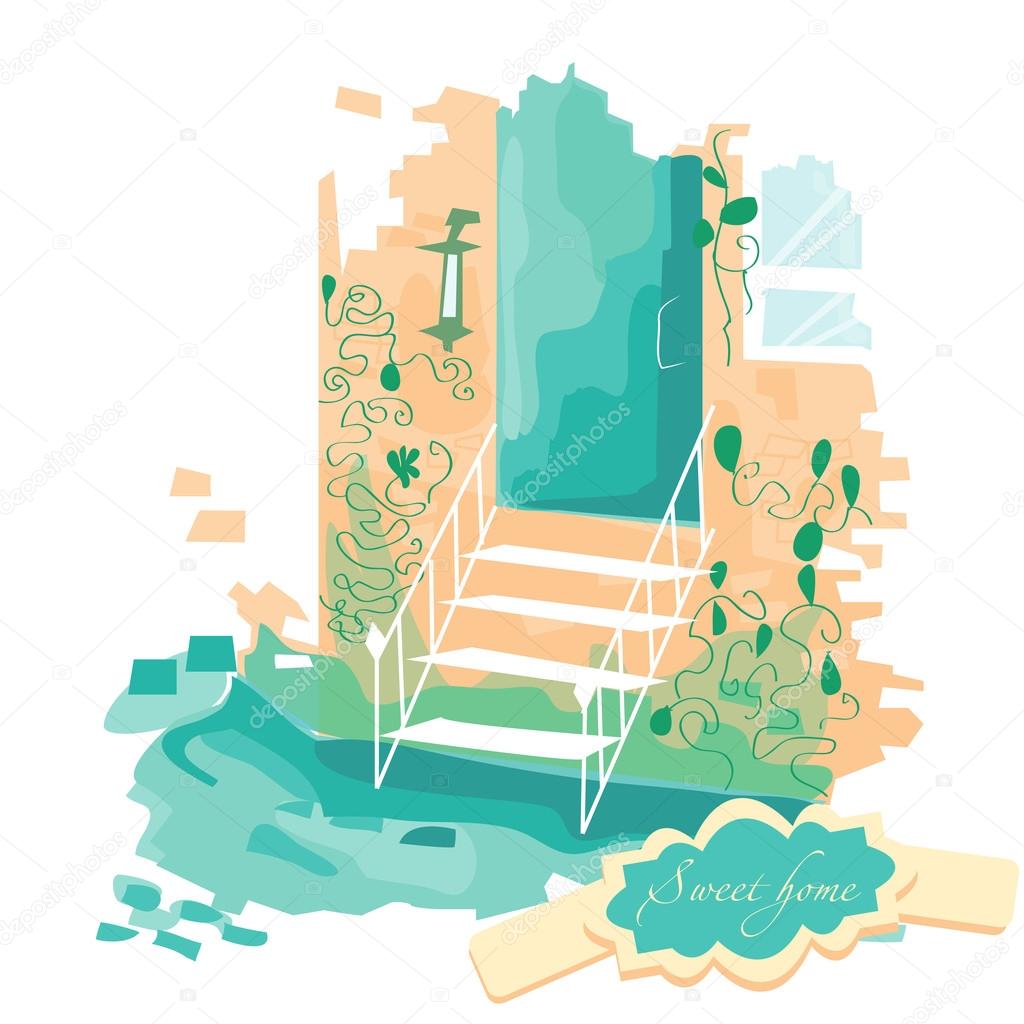 Vector illustration. Stairs leading to the door