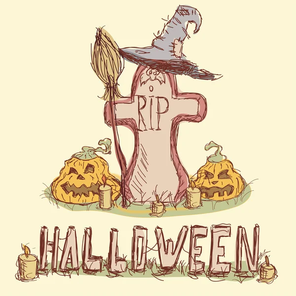 Vectorillustratie. grafsteen met pompoenen, heksen hoed en bezem. Vrolijke Halloween — Stockvector