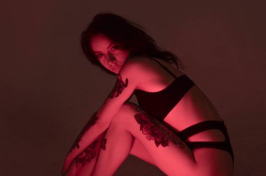 Erotik kız iç çamaşırlarıyla yerde ve pembeyle oturuyor.