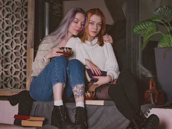 Zwillinge Trinken Tee Pullovern — Stockfoto