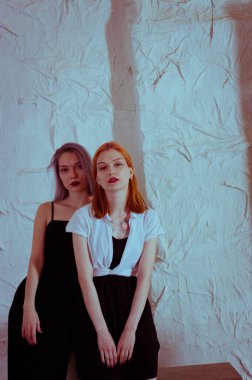 Beyaz arka planda siyah elbiseli ikizler.