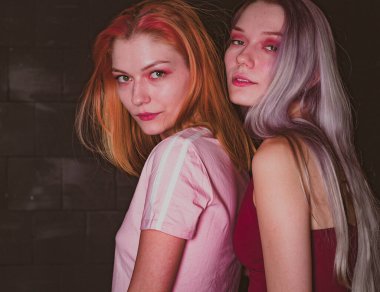 Fotoğraf stüdyosunda kot giyen ikiz kardeşler.