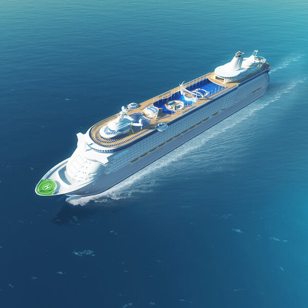 Luxury white cruise ship with heliport and pools sailing on the sea