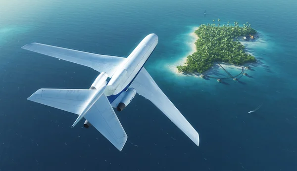 Grande aereo passeggeri vola sopra l'isola tropicale paradiso — Foto Stock