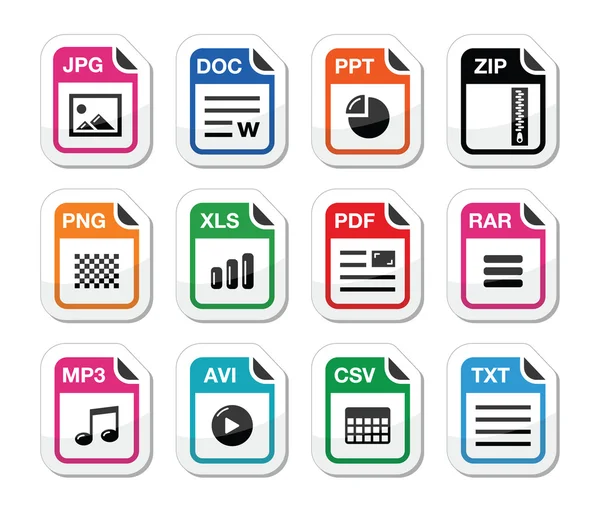 Tipo de archivo iconos como conjunto de etiquetas - zip, pdf, jpg, doc — Vector de stock