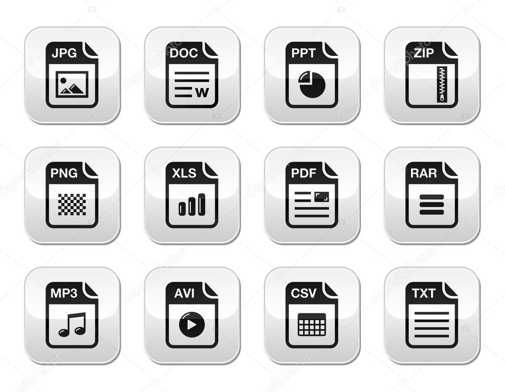 File type black icons on modern grey buttons set