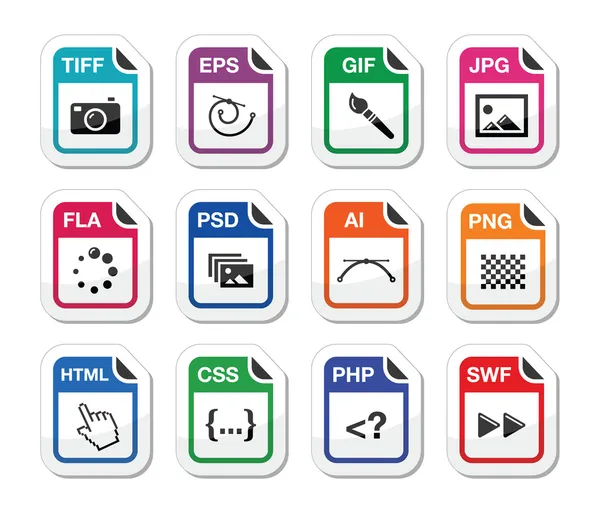 Tipo de archivo black icons as labels - graphics, coding — Vector de stock