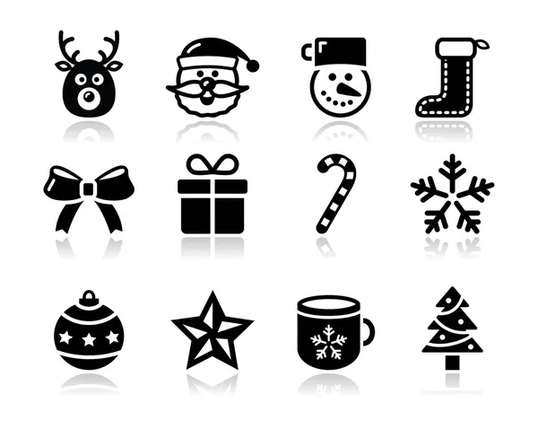 Kerst zwarte iconen met schaduw set - santa, aanwezig, boom — Stockvector