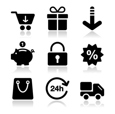 Shopping on internet black icons set with shadow clipart