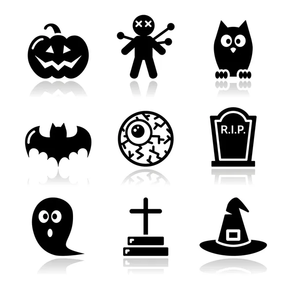 Halloween zwarte iconen set - pompoen, heks, ghost — Stockvector