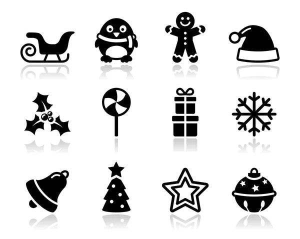 Kerst zwarte iconen met schaduw set — Stockvector