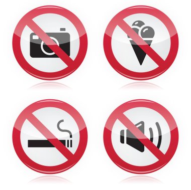 Forbidden sign: no cameras, no food, no smoking, no noise clipart