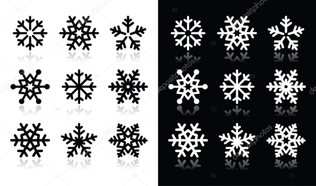 Snowflakes icons with shadow on black and white background