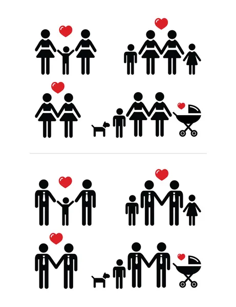 Gay, lesbische paren en familie met kinderen pictogrammen instellen — Stockvector