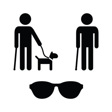 Blind man icons set - with guide dog, walking stick