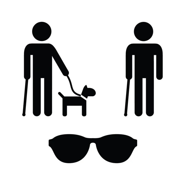 Conjunto de iconos de hombre ciego - con perro guía, bastón de paseo — Vector de stock