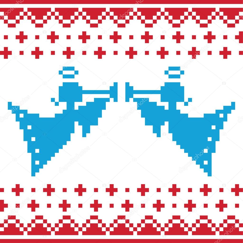 Knitted christmas vector angles card on seamless background
