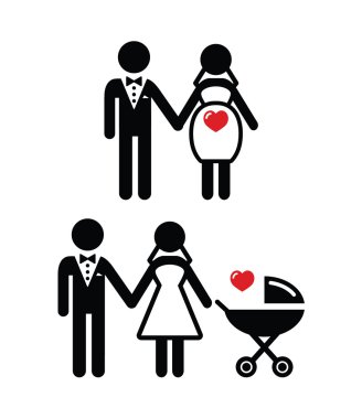 Pregnant bride icon / bride with pram vector clipart