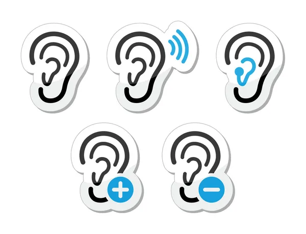 Ear hearing aid deaf problem icons set as labels — Stock Vector