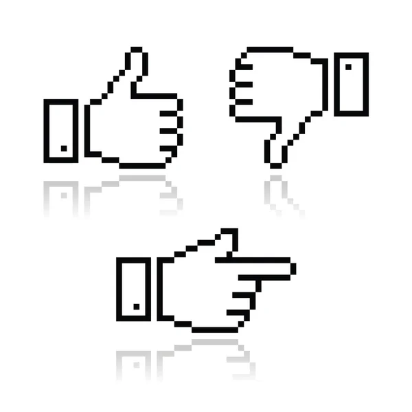 Ícones cursor Pixel polegar para cima, como ele, apontando mão — Vetor de Stock