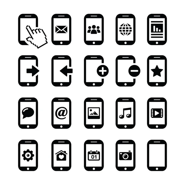 Teléfono móvil o celular, teléfono inteligente, conjunto de iconos de contacto — Archivo Imágenes Vectoriales