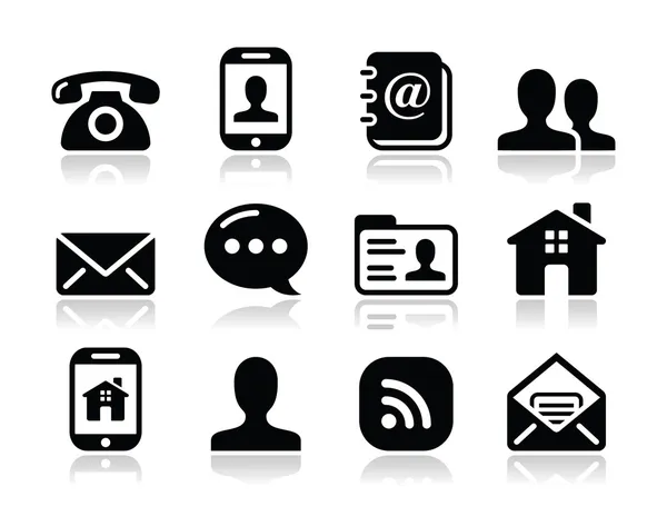 Contact zwarte iconen set - mobiele gebruiker, e-mail, smartphone — Stockvector