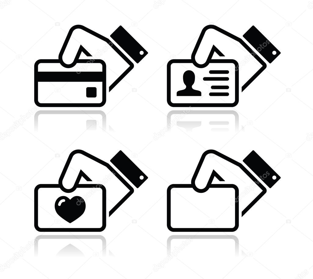 Hand holding credit card, business card, ID icons set