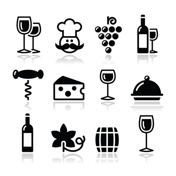 Conjunto de ícones de vinho - vidro, garrafa, restaurante, comida — Vetor de Stock