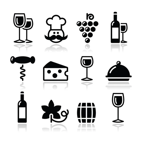 Set di icone del vino - bicchiere, bottiglia, ristorante, cibo Grafiche Vettoriali