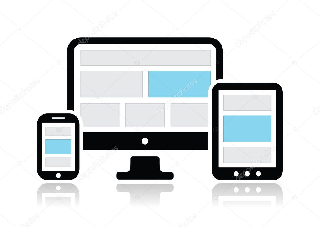 A cartoon phone, desktop, and tablet. Each displaying their own responsive designs of a similar layout.