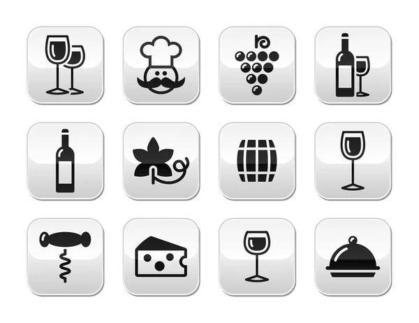 Wine buttons set - glass, bottle, restaurant, food — Stock Vector