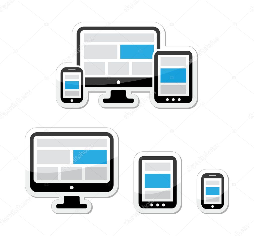 Responsive design for web - computer screen, smartphone, tablet labels set