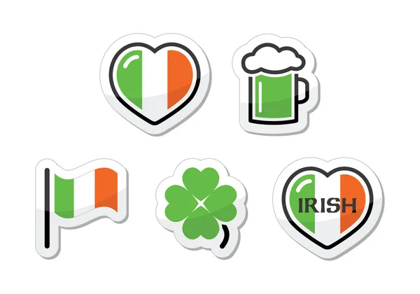 Iconos del Día de San Patricio - bandera irlandesa, trébol, cerveza verde — Vector de stock