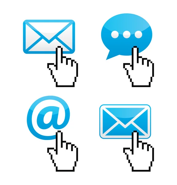 Контакт - конверт, электронная почта, речевой пузырь с иконками рук курсора — стоковый вектор