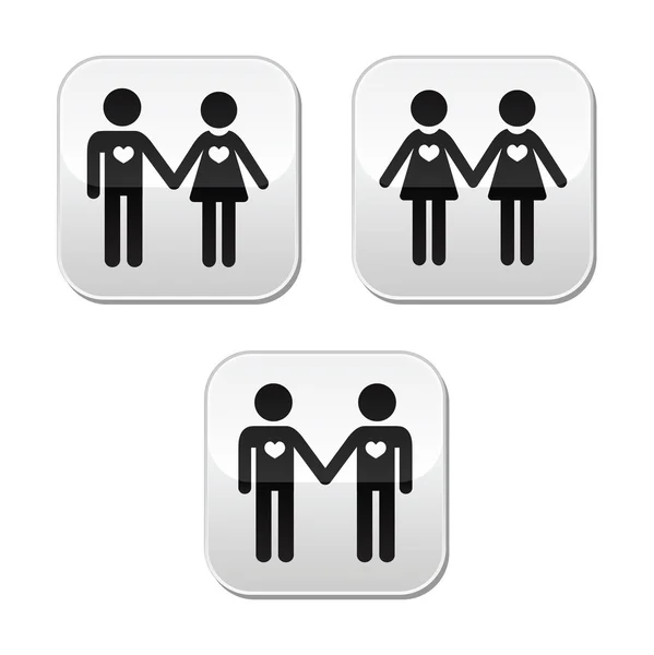 Hombre y mujer, gay y lesbianas parejas vector botones conjunto — Archivo Imágenes Vectoriales