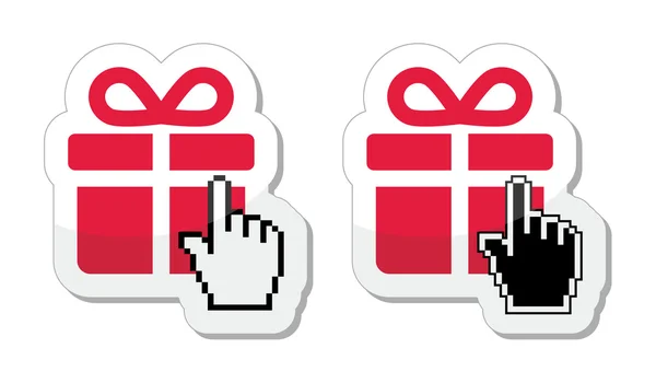 Red present icon with cursor hand vector — Stock Vector