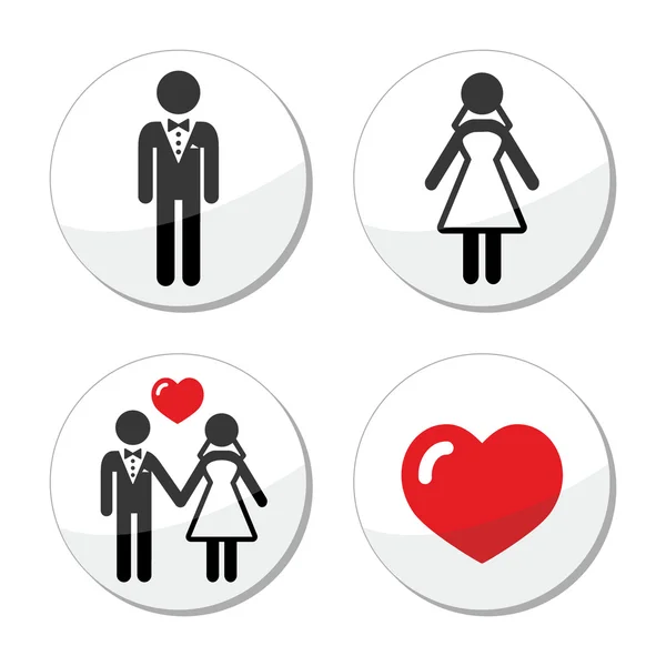 Icônes de mariage - couple marié, marié et mariée — Image vectorielle