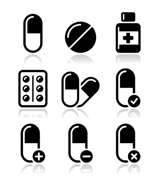 Píldoras, conjunto de iconos de vectores de medicamentos — Vector de stock