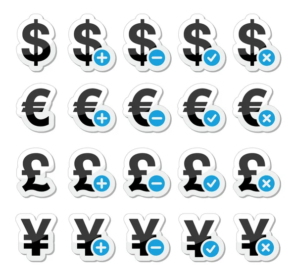 Serie icone di valuta dollaro, euro, yen, sterlina — Vettoriale Stock