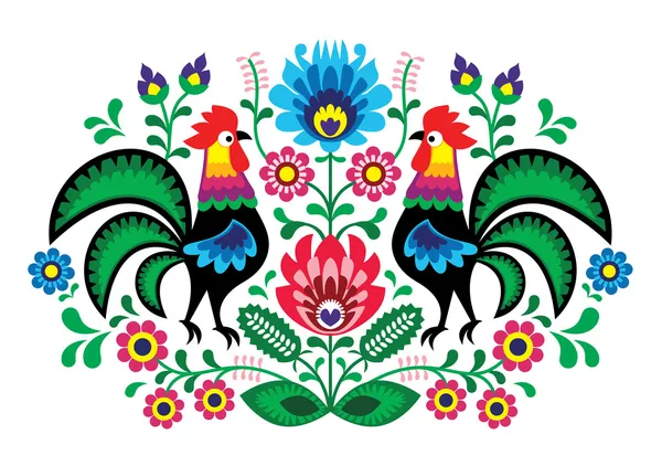 Polish floral embroidery with cocks - traditional folk pattern — Stock Vector