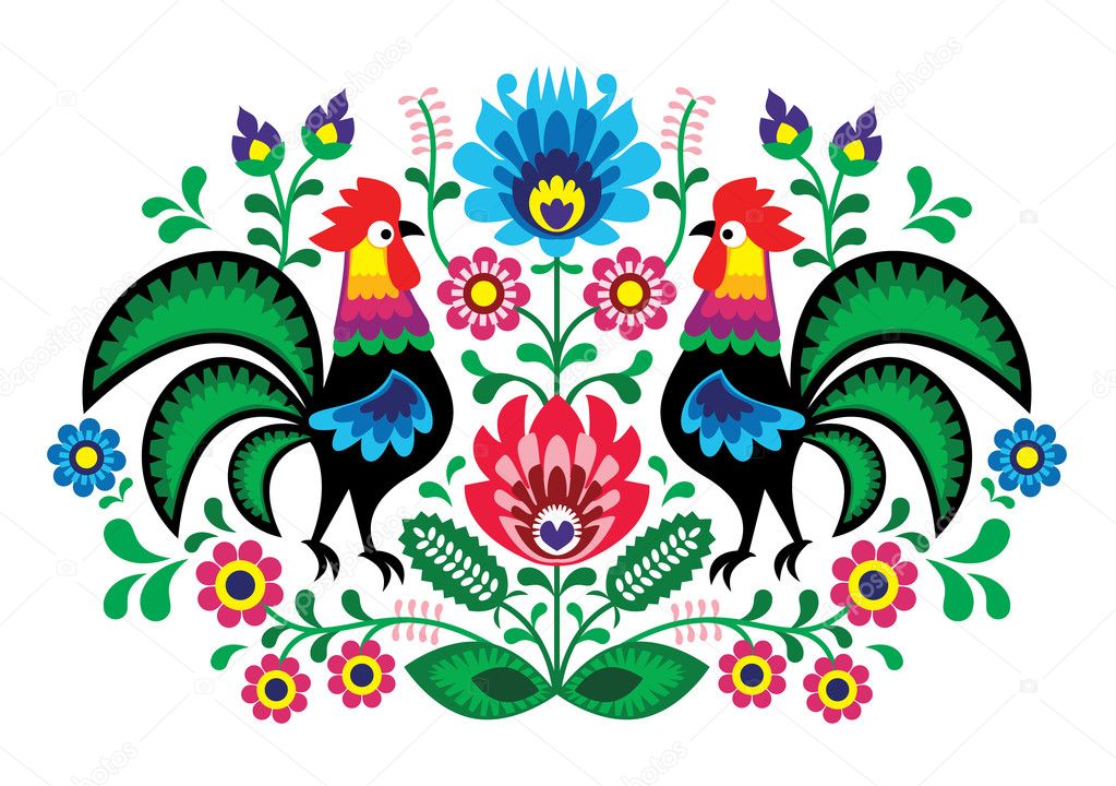 Polish floral embroidery with cocks - traditional folk pattern