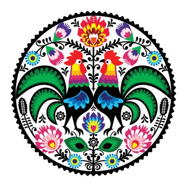 Polish floral embroidery with roosters - traditional folk pattern clipart