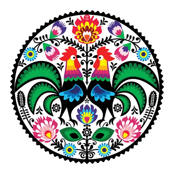 Polish floral embroidery with roosters - traditional folk pattern — Stock Vector